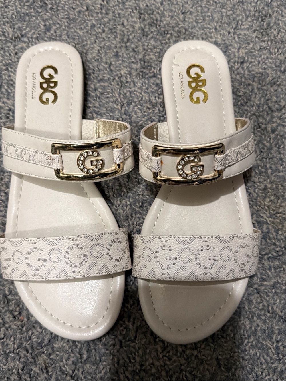 GBG Los Angeles White Sandal Slides with Gold Logo Accent